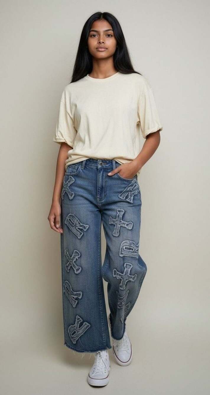 ROMWE Faded Effect Boyfriend Jeans with Letter and Cross Patches XL